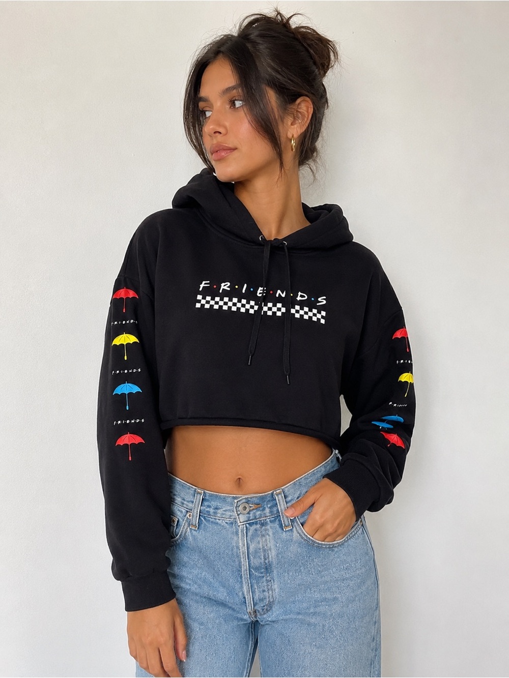 Friends Black Cropped Hoodie Umbrella Sleeve Graphic Pullover Sweatshirt S
